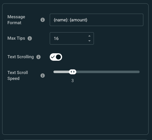 tip ticker settings message format, max tips, text scrolling text scrool speed